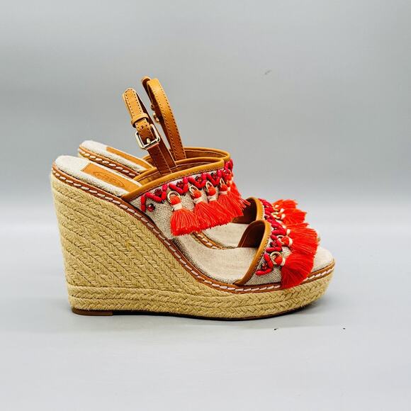 Tory Burch Shoes - Tory Burch Sandals Womens 7.5 Beige Linen Espadrille Platform Wedge Tassel Shoes